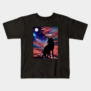 Wolf In Twilight Looking In The Night Sky Kids T-Shirt